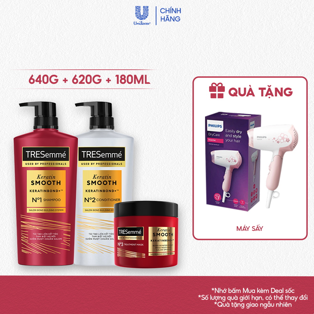 [LIVE HANNAH] Combo Dầu Gội - Dầu Xả - Kem Ủ TRESemmé Keratin Smooth Keratinbond+Cho Tóc Vào Nếp 640