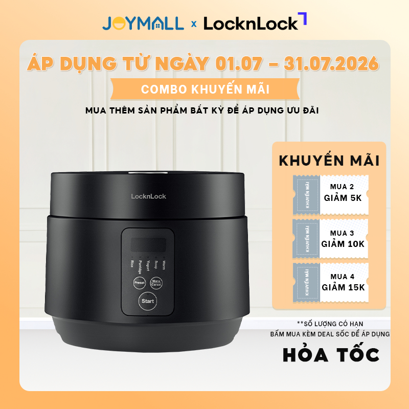 Nồi cơm điện tử LocknLock Compact Rice Cooker EJR346BLK 1.2L màu đen- Hàng chính hãng, nắp gài- JoyM