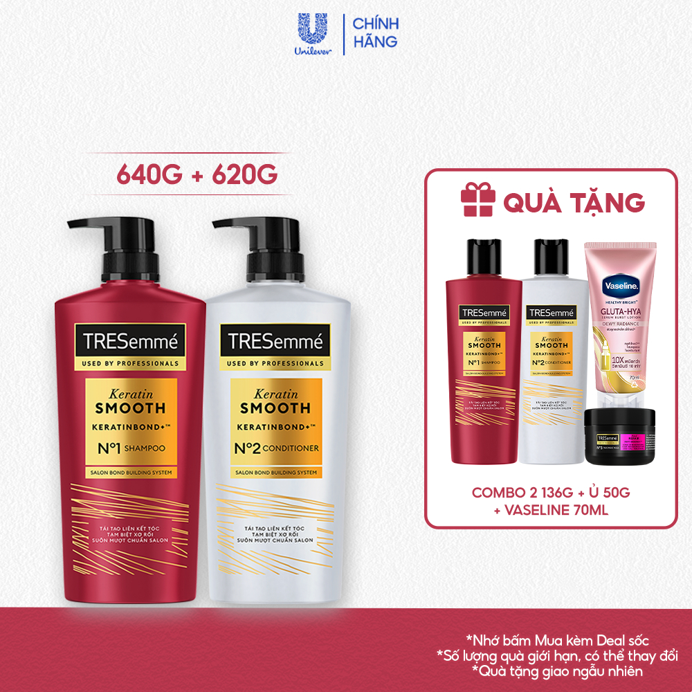 [LS] Combo Dầu Gội, Dầu Xả TRESemmé Keratin Smooth Keratinbond + Cho Tóc Khô Xơ Rối Vào Nếp Suôn Mượt 640g,620g