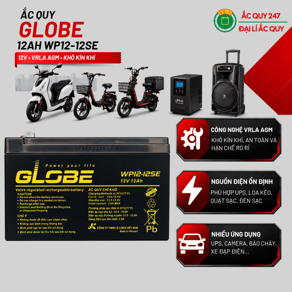 Ắc quy Globe WP12-12SE 12V 12Ah VRLA AGM khô kín khí cho UPS xe đạp điện loa kéo sản xuất Việt Nam