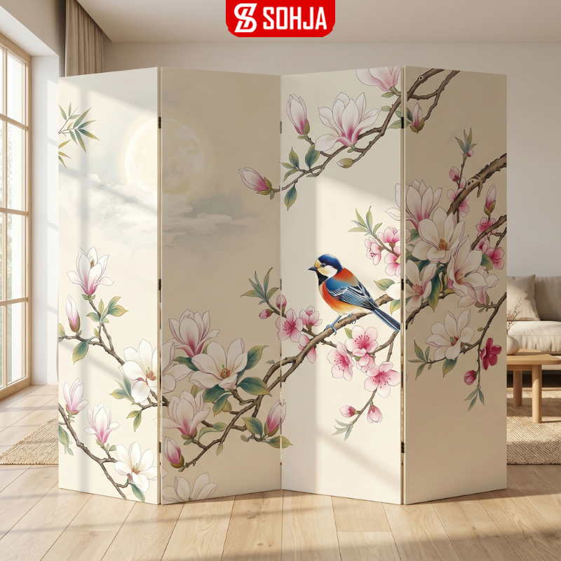 Bình phong vách ngăn khung gỗ tự nhiên bọc vải canvas in tranh nghệ thuật | SOHJA - GP392