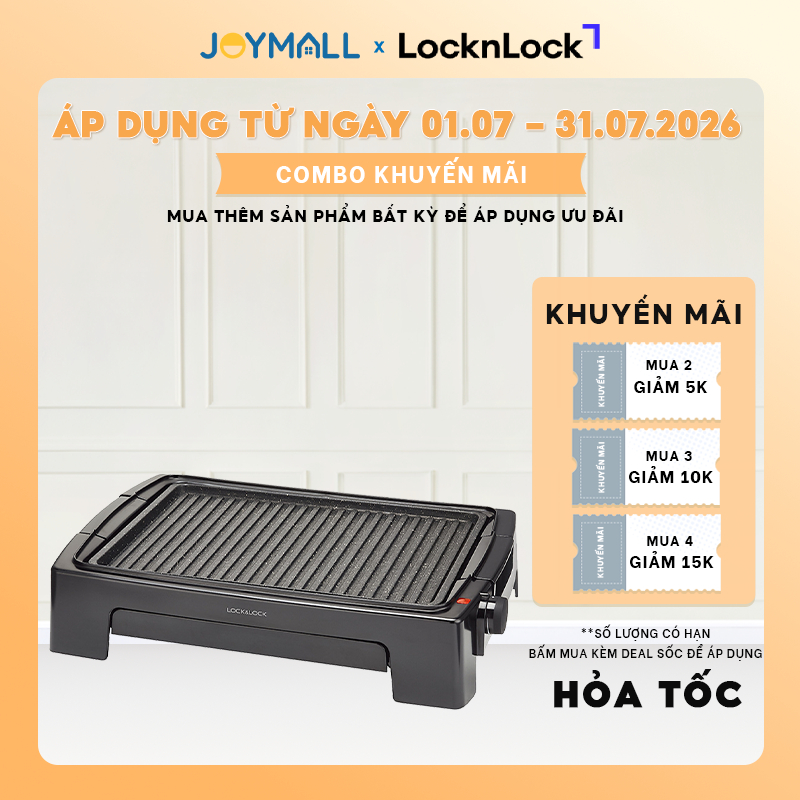 Bếp nướng điện LocknLock EJG221 1300W -Hàng chính hãng, mặt bếp chống dính, 5 mức nhiệt - JoyMall