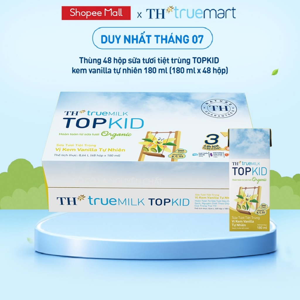 Thùng 48 hộp sữa tươi tiệt trùng TH true MILK TOPKID Organic vị kem vanilla tự nhiên 180ml (180ml x4