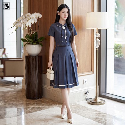 Set bộ nữ Twentyfive gồm áo kiểu ngắn tay 2 hàng cúc và chân váy xếp ly to dáng dài SACM20