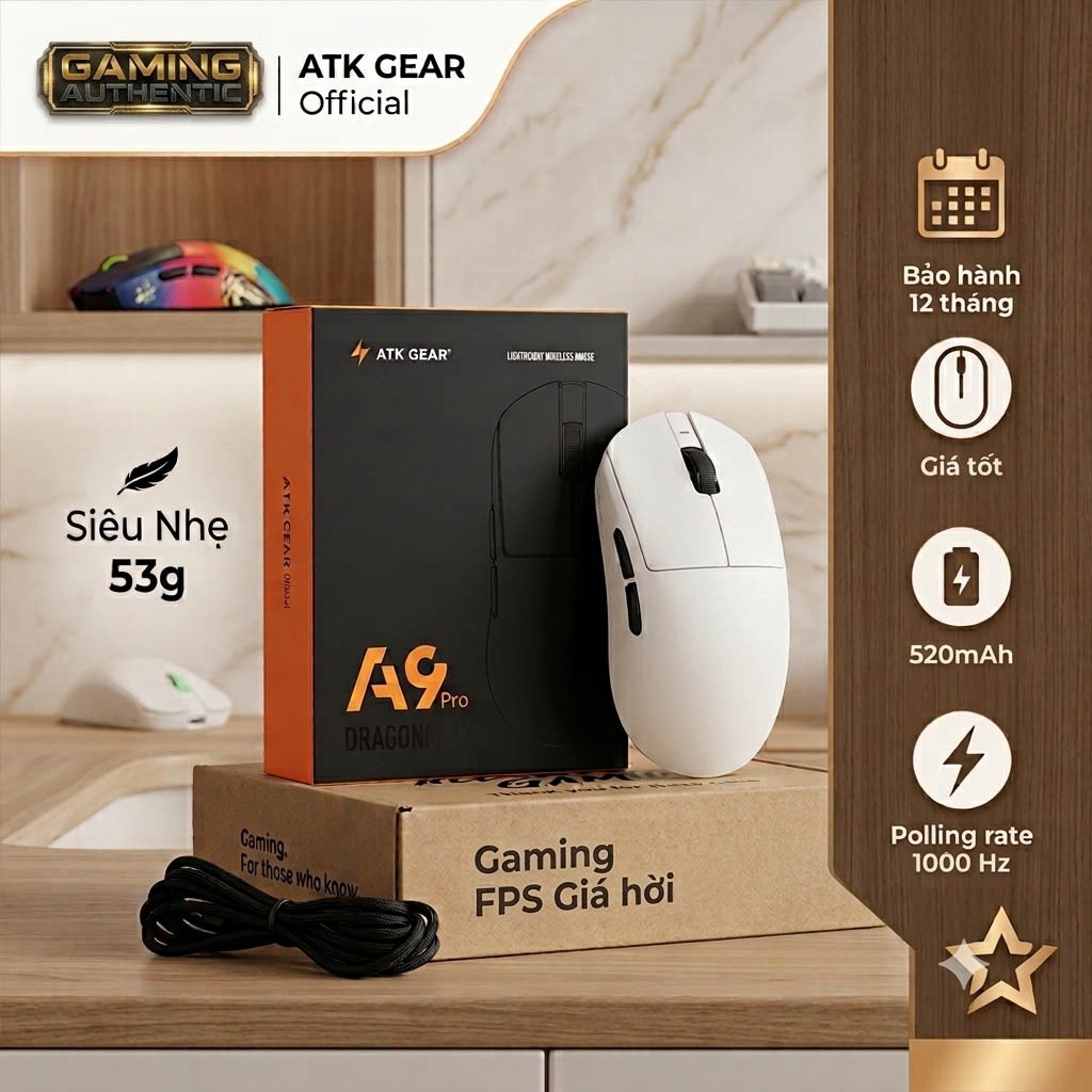 Chuột không dây ATK  A9 Bản tiêu chuẩn,Chuột Gaming siêu nhẹ Gia cực tốt, PAW3395 Realtek 8KHz Chính Hãng | BigBuy360 - bigbuy360.vn