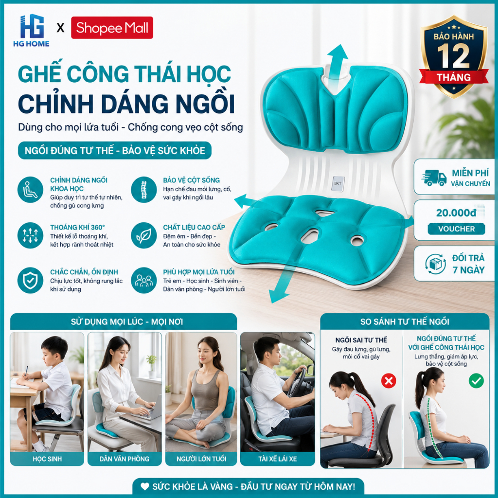 Ghế Công Thái Học Văn Phòng Chỉnh Dáng Ngồi HGHOME Dùng Cho Mọi Lứa Tuổi, Chống Cong Vẹo Cột Sống