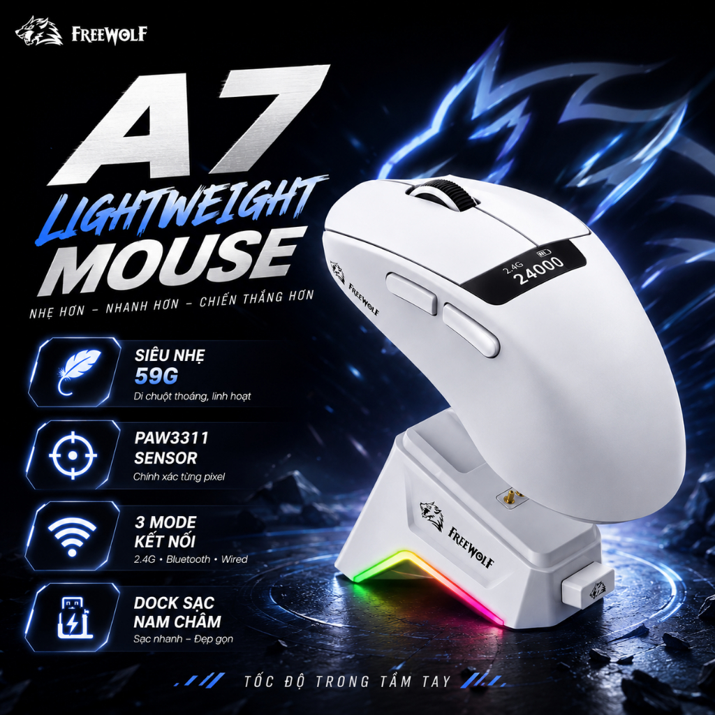 Chuột Gaming Freewolf A7 – Công Thái Học, 3 Chế Độ, DPI 24.000