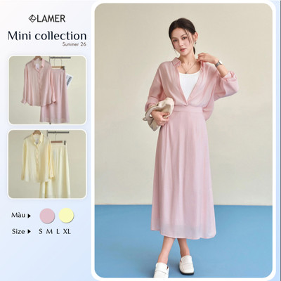 Áo Sơ Mi LAMER Dáng Rộng Dài Tay Phối Chân Váy Dáng Dài Chun Sau 2 Lớp Đi Làm Đi Chơi BSTV V61H26H023 V62I26H013