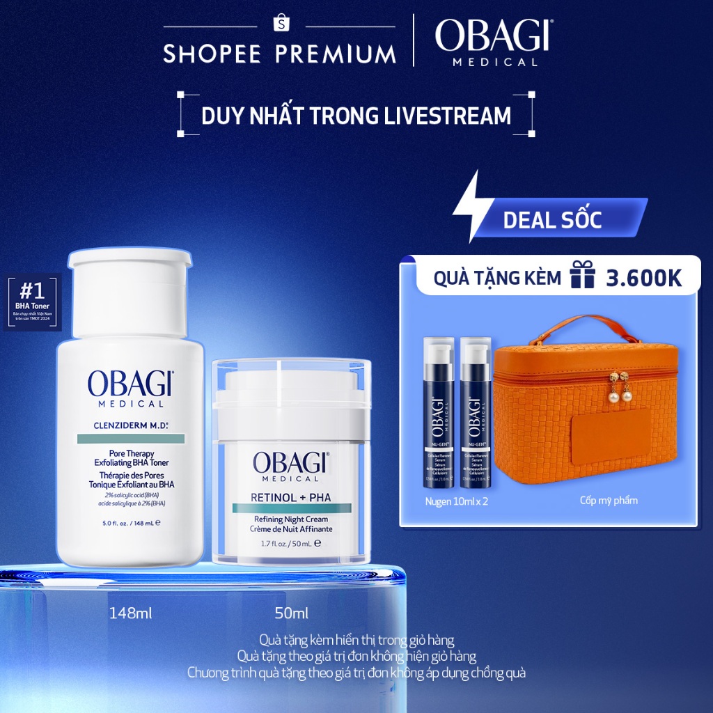 [Obagi - Lucie] Bộ đôi Kem Dưỡng Đêm Obagi Retinol + PHA 50ml và Toner Obagi Clenziderm M.D. Exfolia