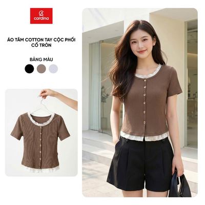 Áo thun nữ CARDINA chất tăm cotton cộc tay phối cổ tròn 6AFC01