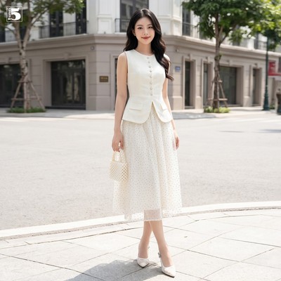 Set bộ nữ Twentyfive bao gồm áo kiểu sát nách thanh lịch và chân váy dài họa tiết chấm bi SACL24