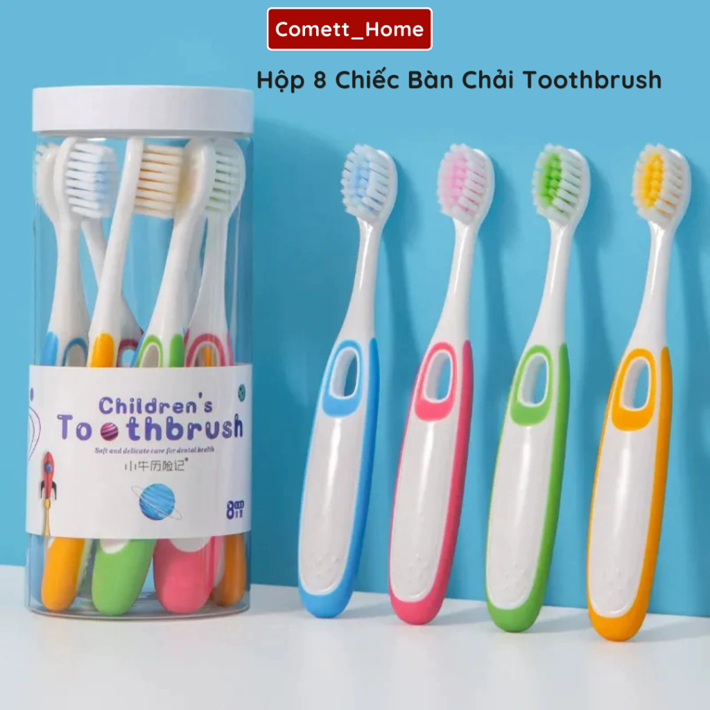 Hộp 8 Bàn Chải Đánh Răng Cho Bé Lông Mềm Cao Cấp PP 14cm Tay Cầm Êm Chống…