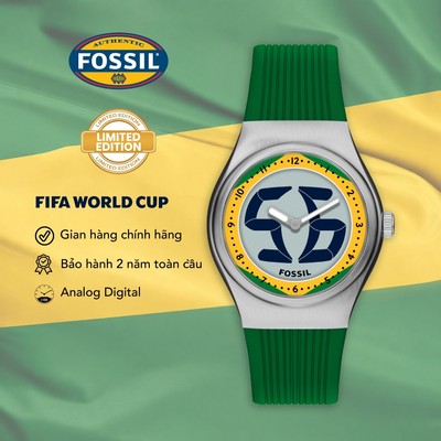 Đồng hồ nam Fossil Archival Big Tic World Cup LE1243 mặt kim điện tử, 40MM, dây Silicone xanh lá, mặt lá cờ Brazil