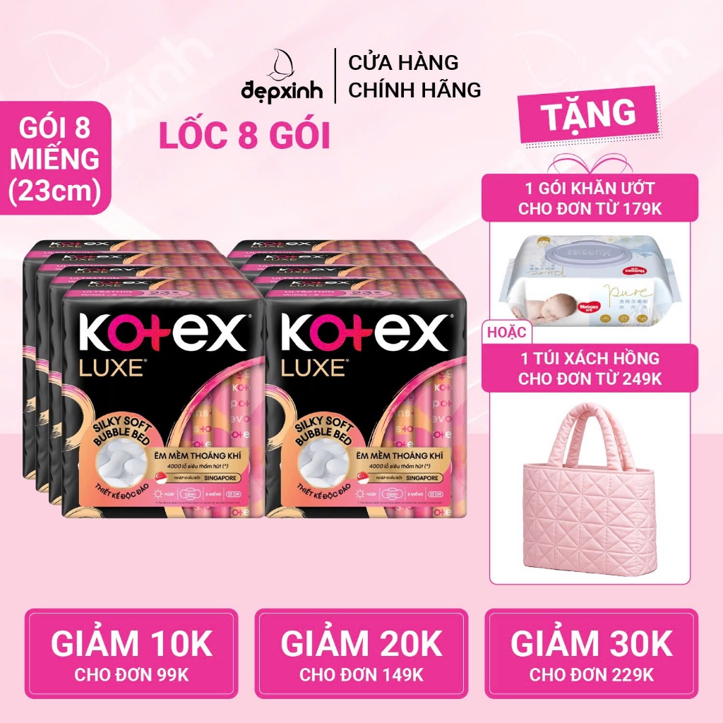 Combo 8 gói băng vệ sinh Kotex LUXE Ngày Cánh 23cm x 8 miếng