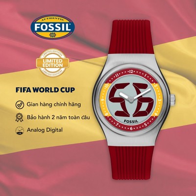 Đồng hồ nam Fossil Archival Big Tic World Cup LE1242 mặt kim-điện tử, 40MM, dây Silicone màu đỏ, mặt lá cờ Tây Ban Nha