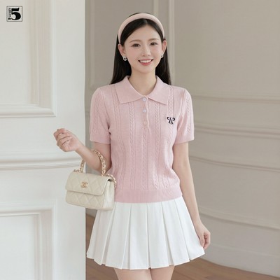 Áo len mongtoghi nữ ngắn tay Twentyfive họa tiết dệt vặn thừng, thêu nơ nhỏ 7152