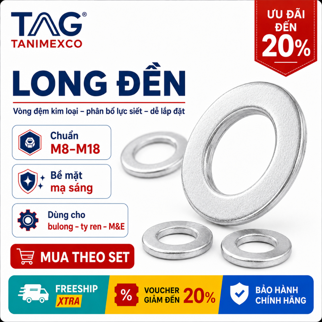 LONG ĐỀN - Combo 50 cái - Long đền M18 đến Long đền M20 - Inox