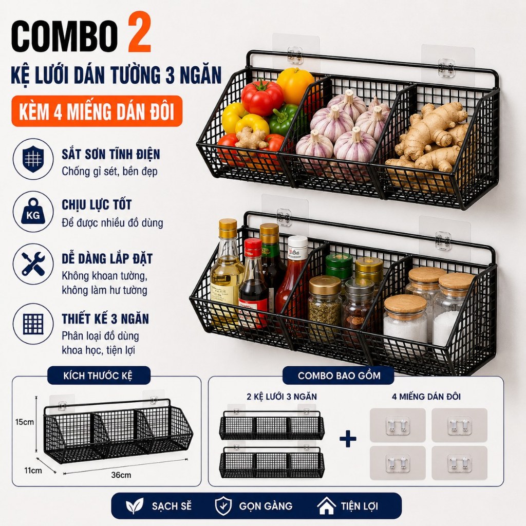 Combo 2 Kệ lưới dán tường 3 ngăn nhà bếp, kệ sắt 3 ngăn dán tường, kệ nhà bếp, kệ dán tường