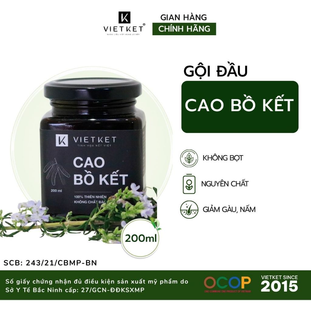Cao Bồ Kết nguyên chất không bọt Vietket 200ml - Giảm gàu, giảm nấm, giảm ngứa, hỗ trợ mọc tóc