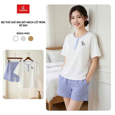 Đồ bộ mặc nhà nữ CARDINA áo cotton cộc tay phối cổ trụ kẻ và quần thô kẻ đùi 6BCN04