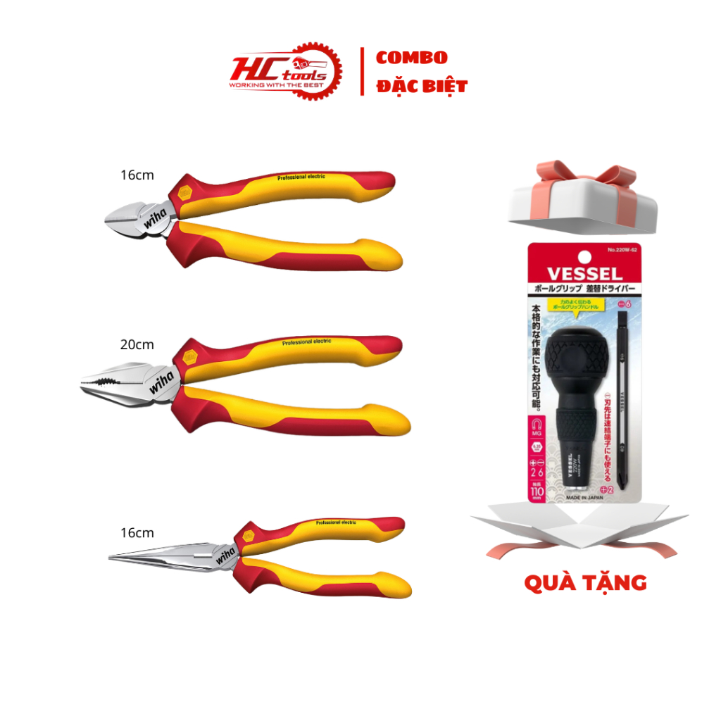 Combo 3 Kìm Cách Điện Wiha Đức (26708 - 26720 - 43335) +Tặng Tô Vít Vessel 220W-62 -HCTOOLS