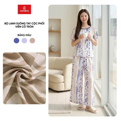 Bộ đồ mặc nhà nữ CARDINA chất liệu lanh tay cộc cổ tròn phối viền và quần dài 6BLD01