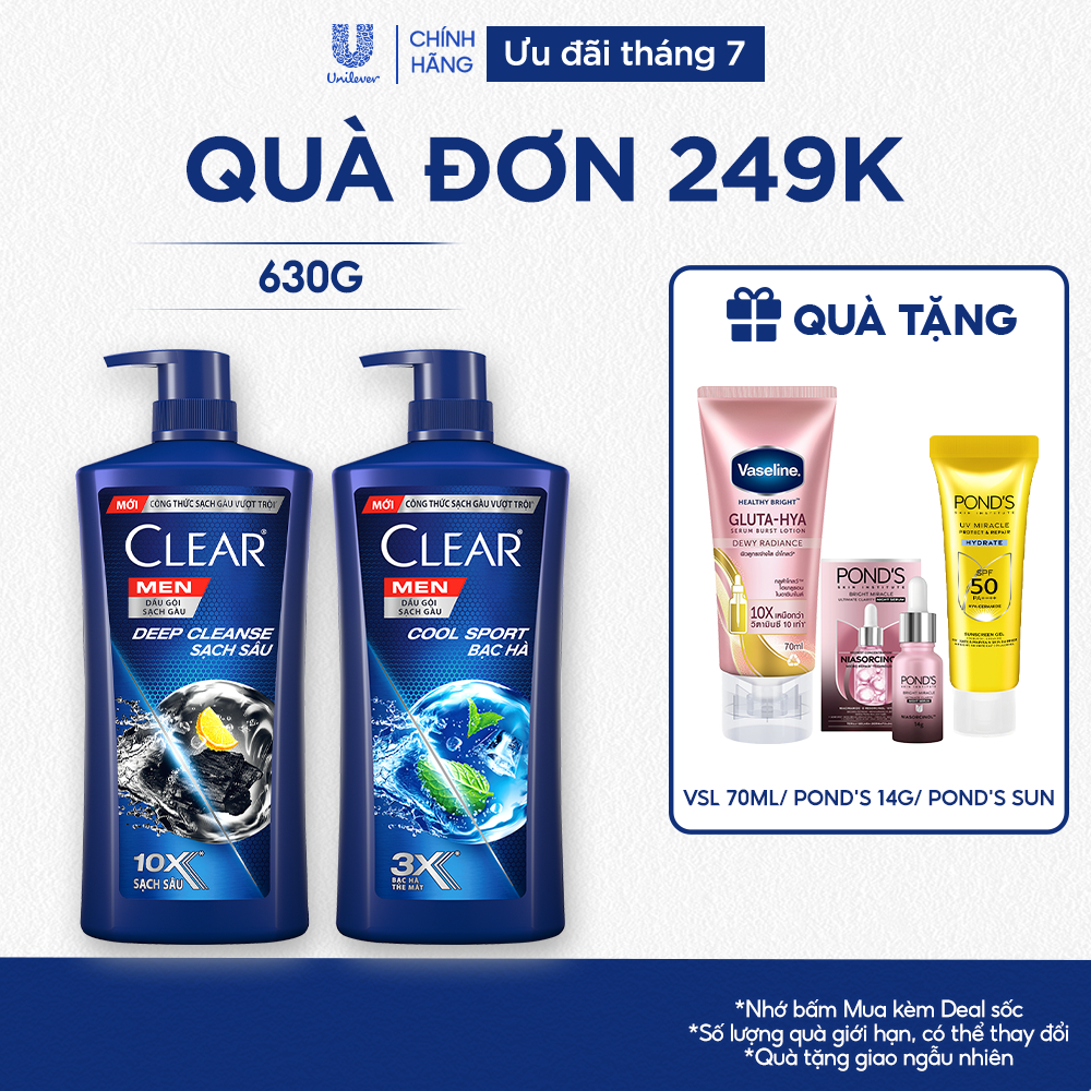 Dầu Gội Đầu cho nam Clear Men đánh bay gàu, ngứa và vi khuẩn mát lạnh cực đỉnh suốt ngày dài 630g