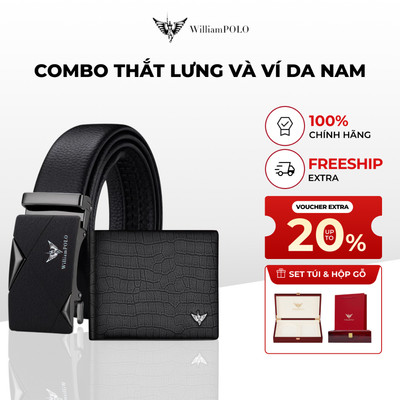Combo ví và thắt lưng nam da cao cấp WILLIAMPOLO chính hãng thiết kế sang trọng kèm túi và hộp gỗ POLO20249