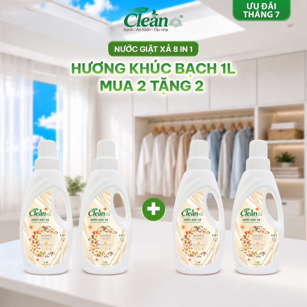 [ Mua 2 tặng 2] Combo 4 Nước Giặt Xả TM CLEAN Hương Khúc Bạch 8in1 Giặt Sạch, Xả Mềm, Tiện Lợi Chai 