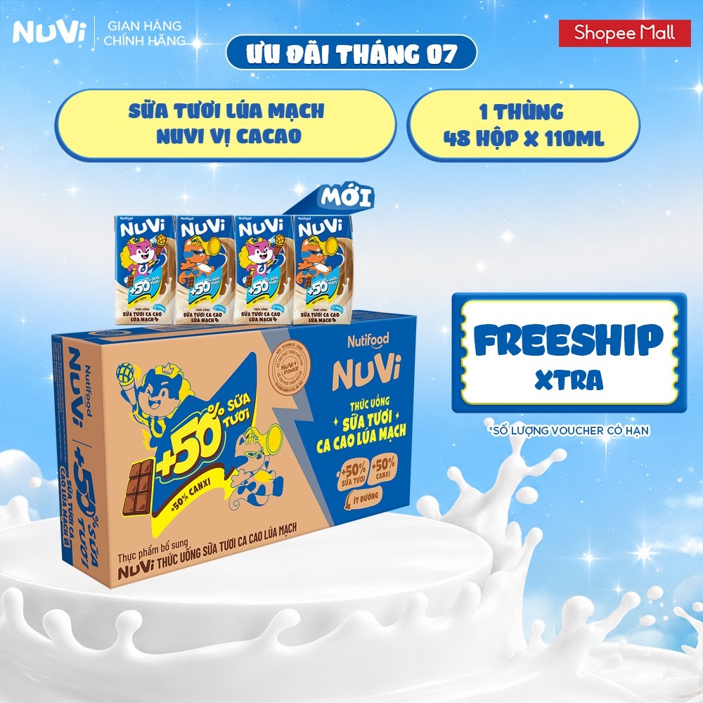 Thùng 48 Hộp Thức Uống Sữa Tươi Lúa Mạch NuVi Vị Cacao 110ml