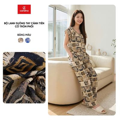 Bộ đồ mặc nhà nữ CARDINA chất liệu lanh dáng suông áo tay cánh tiên cổ tròn và quần dài 6BLD02