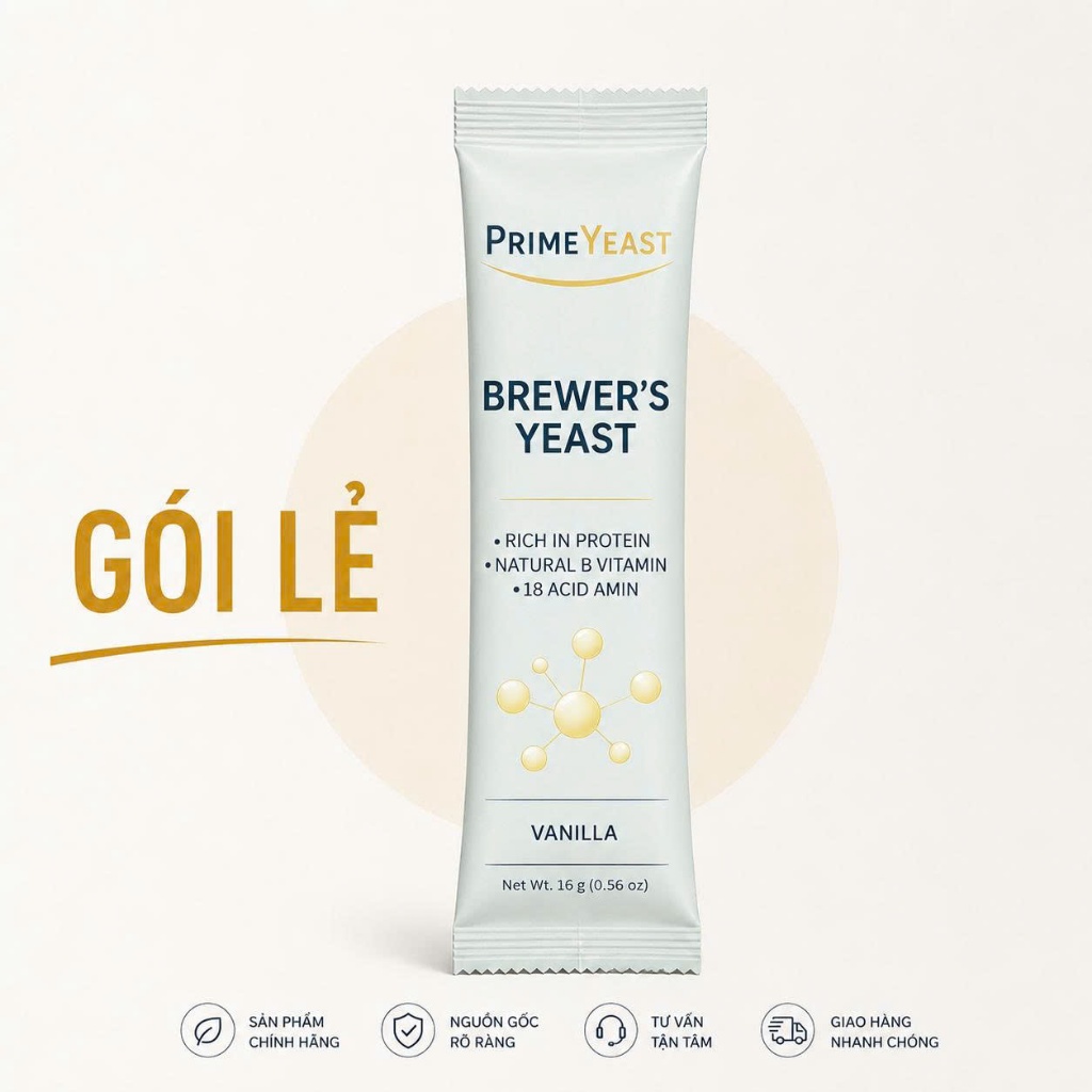 Prime Yeast Đạm Nấm Men Bia | Bổ Sung Protein Thực Vật, 18 Axit Amin | Gói 16g