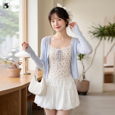 Set bộ nữ Twentyfive gồm áo len mỏng khoác ngoài và áo 2 dây bên trong hoa nhí đính nơ 6893