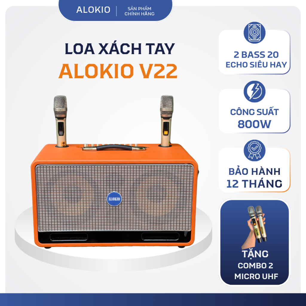 Loa Xách Tay Alokio V22 Chính Hãng - 2 Bass 20 – Karaoke Bluetooth - Thùng Gỗ Bọc Da – Micro UHF