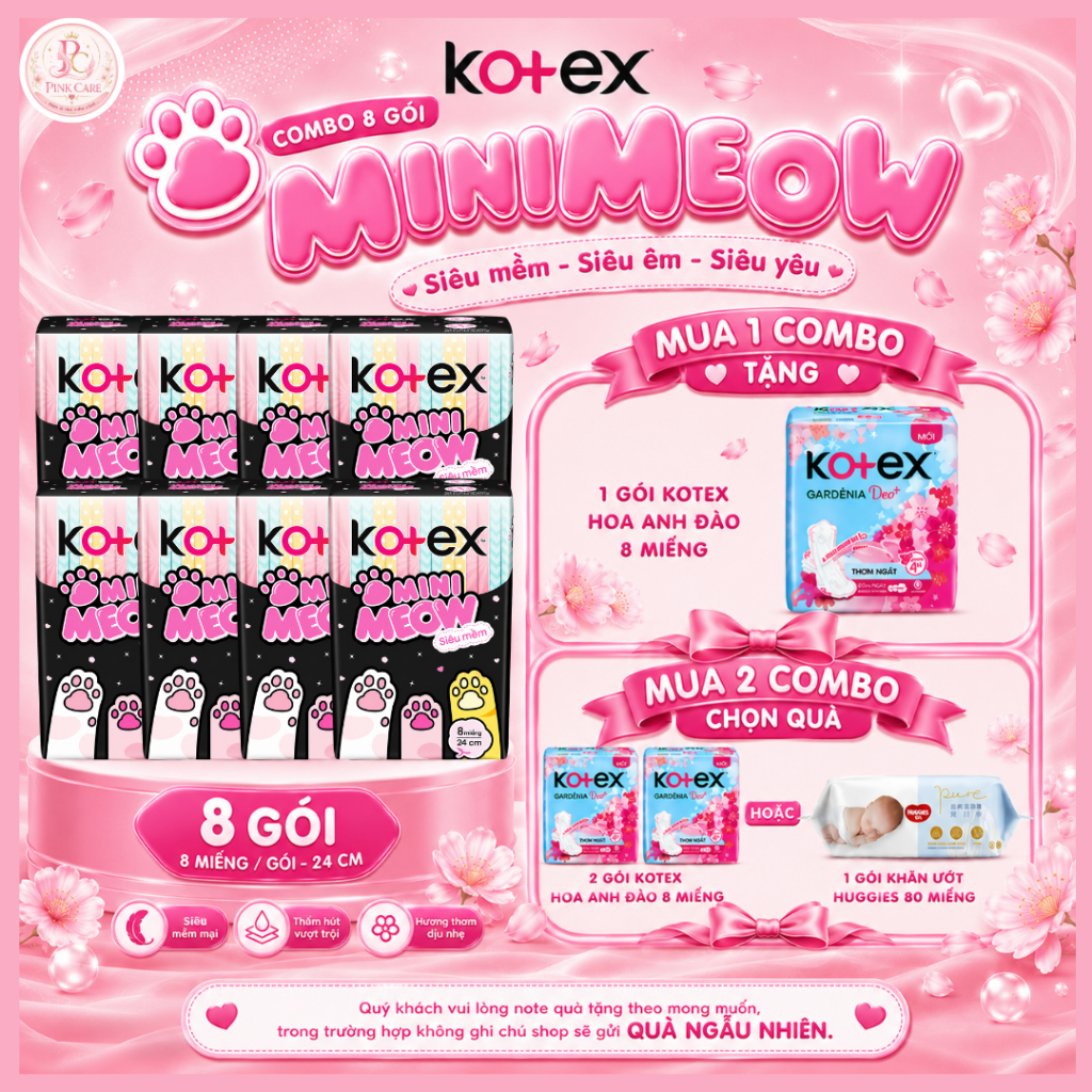 Combo 8 KOTEX Minimeow mặt bông 24cm 8M - NHẬN QUÀ HẤP DẪN - MUA LÀ CÓ QUÀ