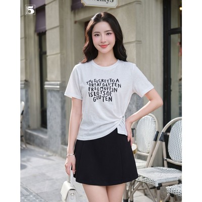 Áo thun ngắn tay Twentyfive chữ in form ôm eo vạt chéo tay ngắn phong cách Hàn Quốc 7257