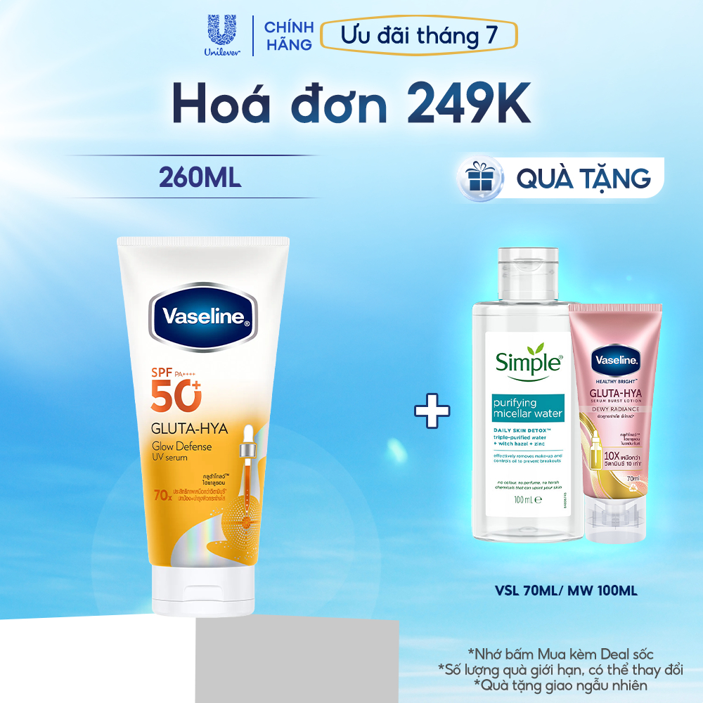 Serum chống nắng dưỡng thể hương tươi mát Vaseline Glow Defense SPF50+ PA++++ 260ML/150ML