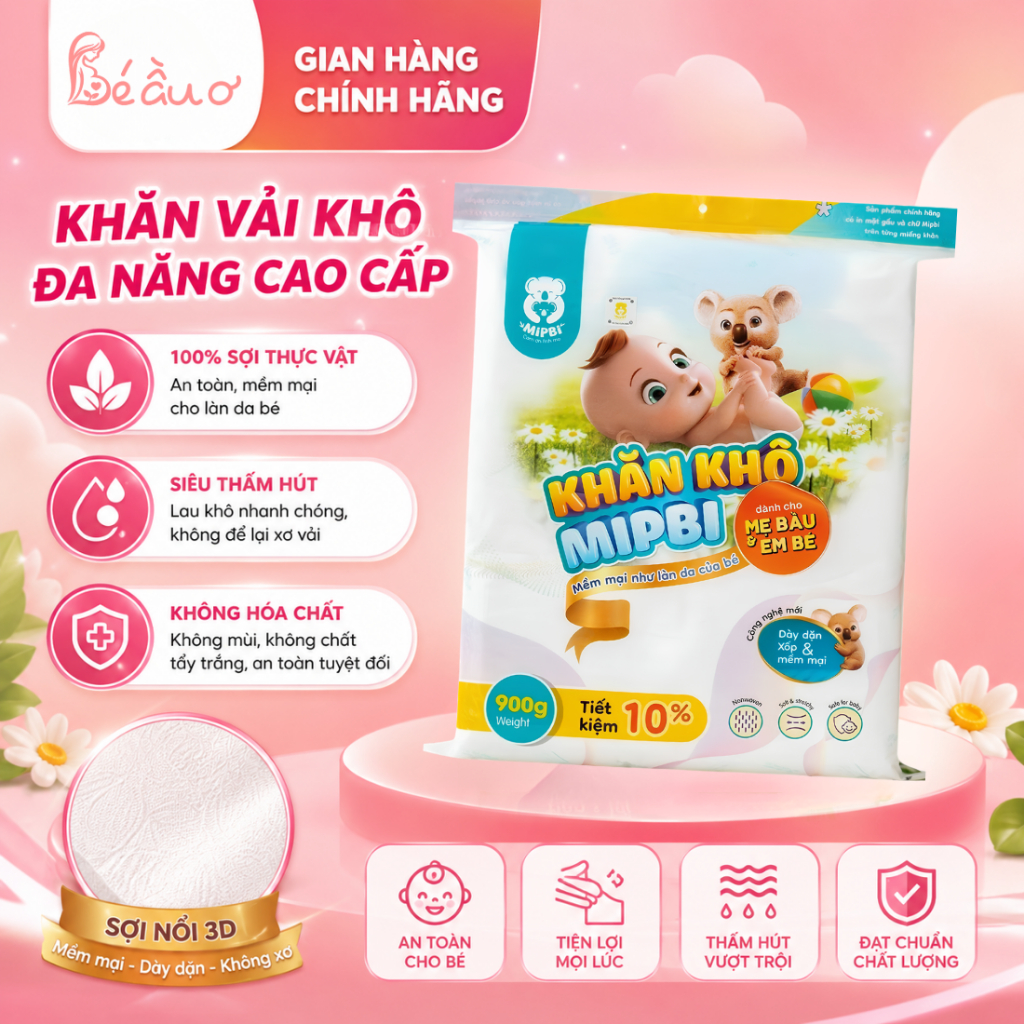 Khăn Vải Khô Cao Cấp Mềm Mịn Mipbi 1000g, Khăn Khô Đa Năng Cho Bé Thấm Hút Tốt Không Mùi