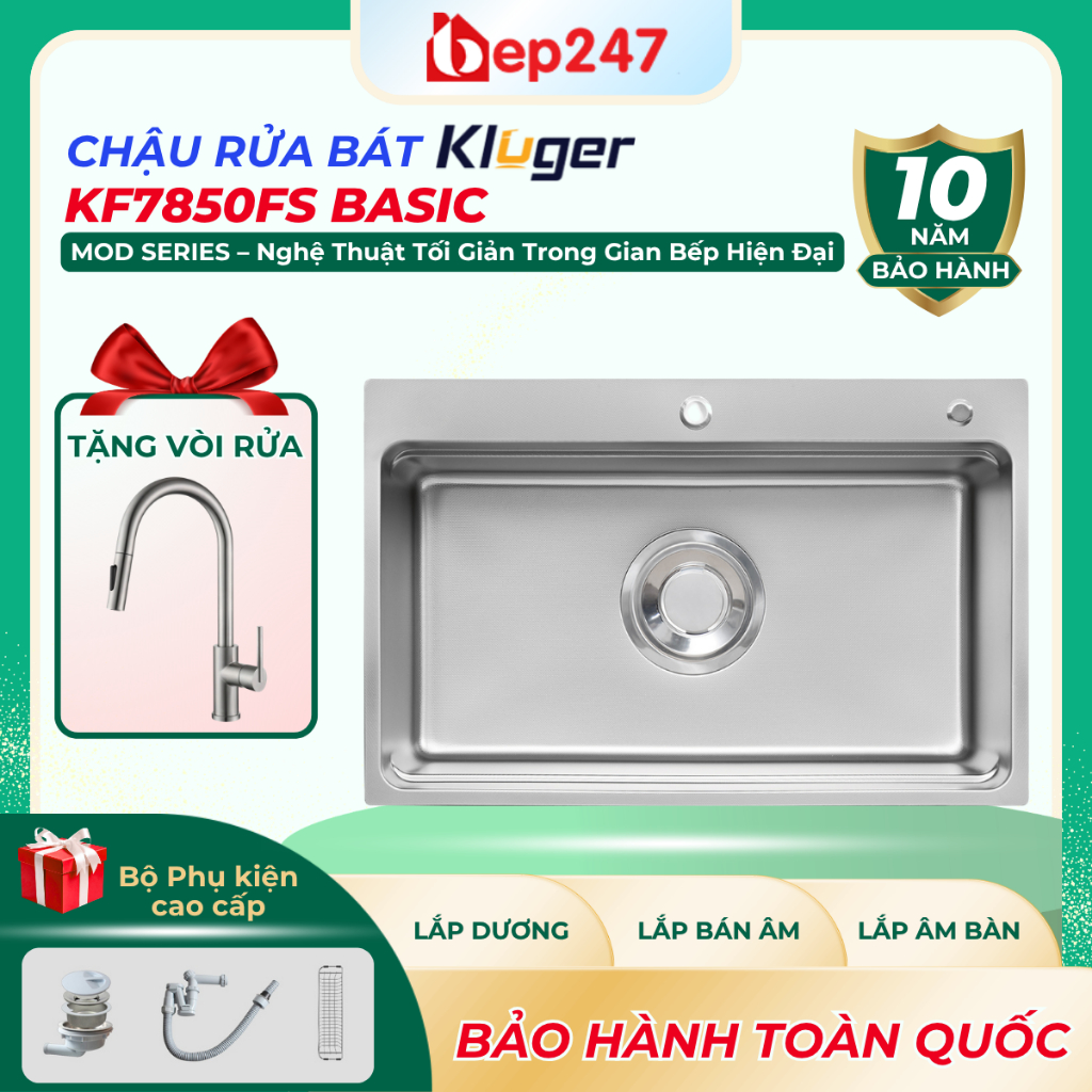 Chậu Rửa Bát 1 Hố Kluger KF7850FS Basic, LINEN Chống Xước Vượt Trội, Thoát Nước Nhanh, Chính Hãng