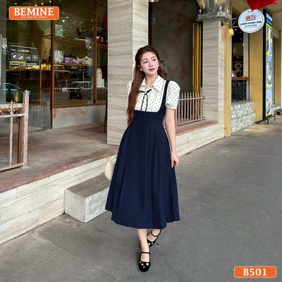 Đầm thiết kế BEMINE cổ đức phối chấm bi giả yếm dáng chữ A phù hợp đi làm-B501