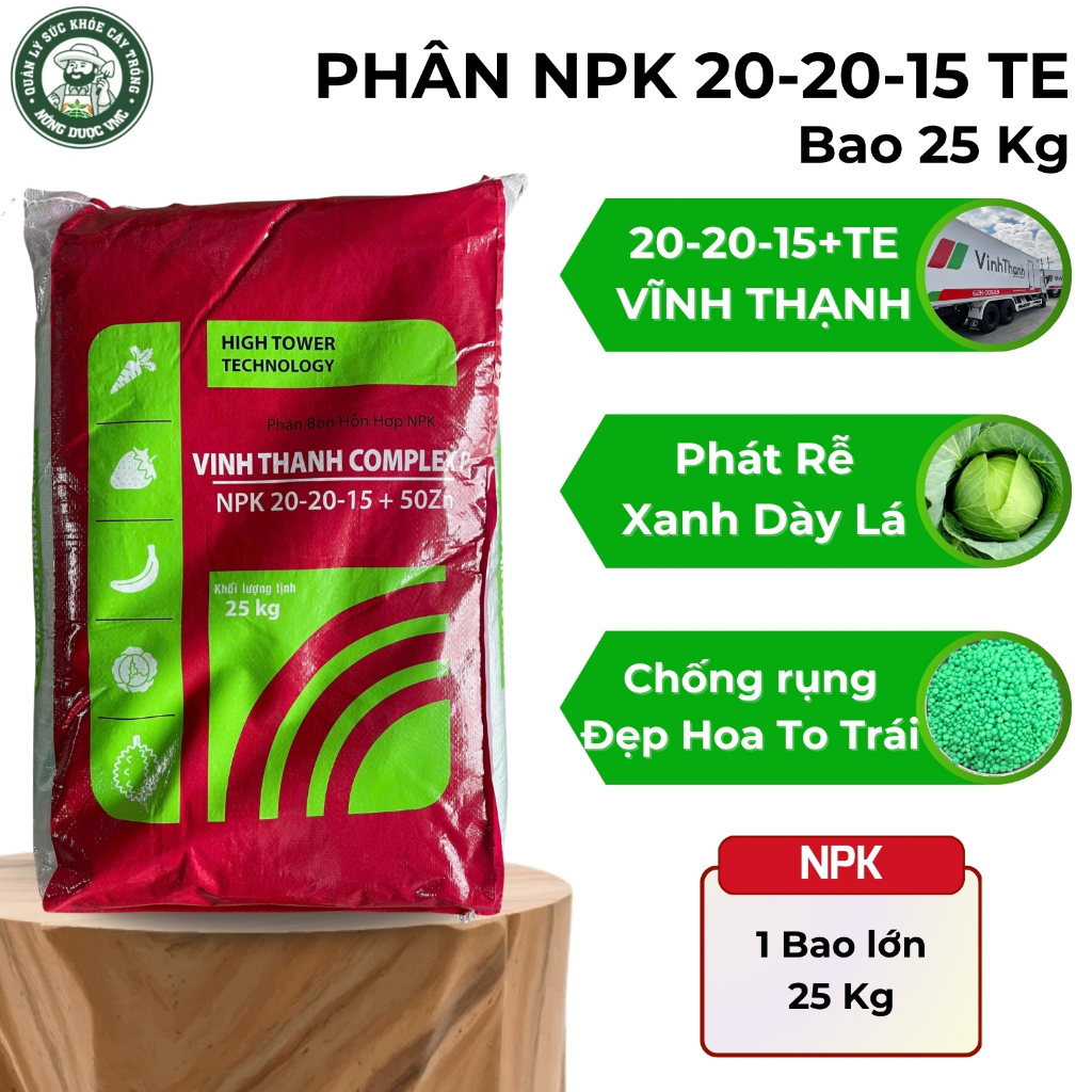 Phân bón NPK 20-20-15 +50Zn. NPK Complex VĨNH THẠNH. Giúp phát rễ, bung đọt, to dày lá. Bao 25kg