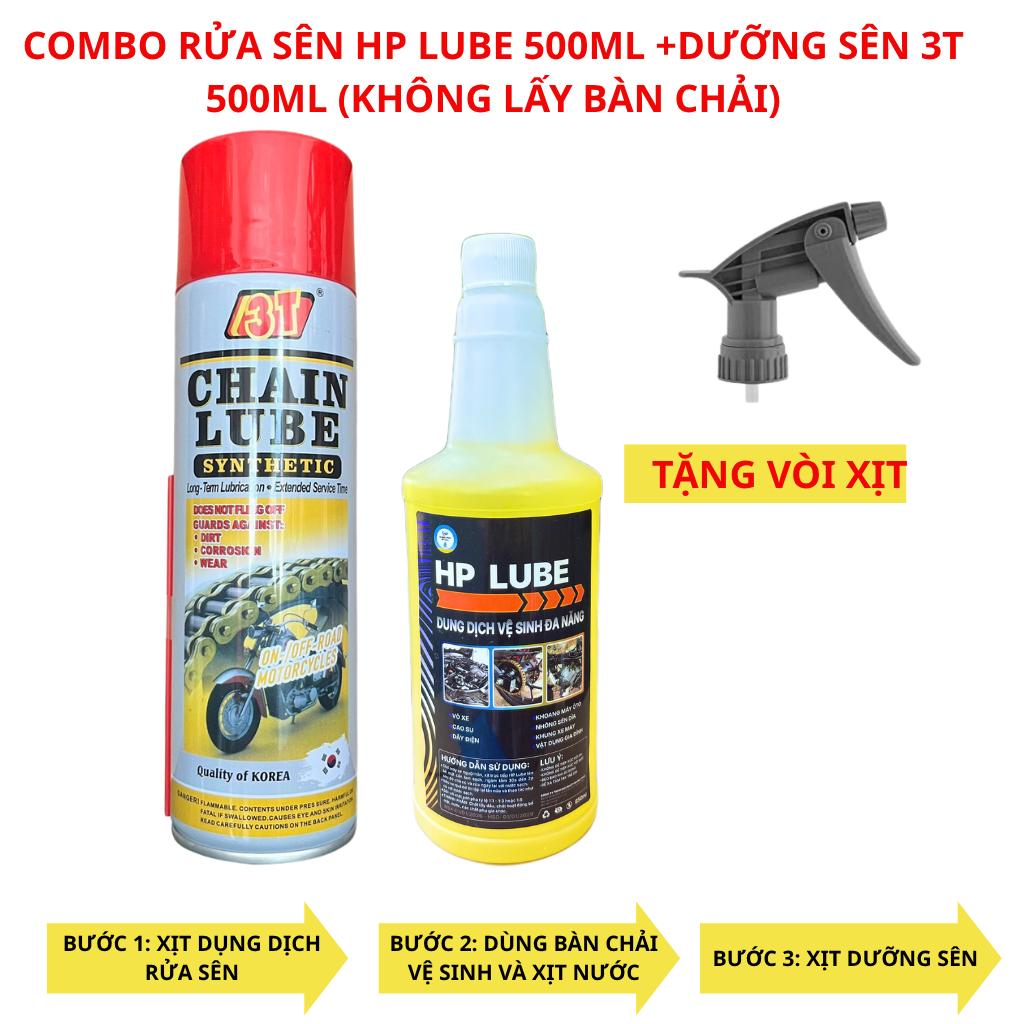 Dưỡng Sên 3T Mỡ Bò Nước 3T Chain Lube 500ml Chống Văng Kèm Chai Rửa Sên HP Lube Vệ Sinh Đa Năng