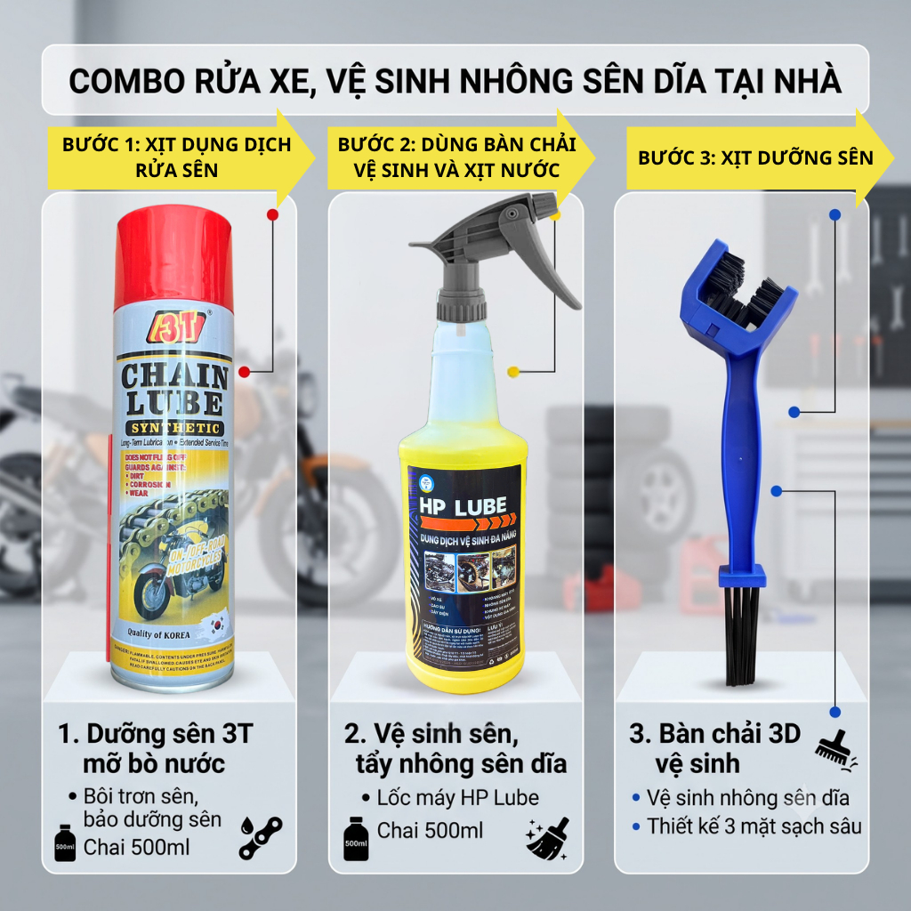Dưỡng Sên 3T Mỡ Bò Nước 3T Chain Lube 500ml Chống Văng Kèm Chai Rửa Sên HP Lube 500ml