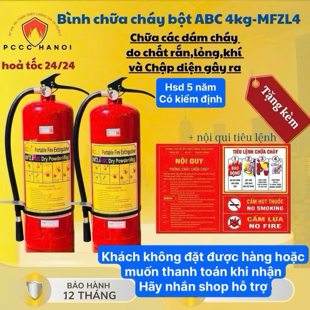 Tặng tấm nội qui tiêu lệnh-CÓ KIỂM ĐỊNH-Bình chữa cháy,bình cứu hỏa BỘT ABC-4kg-MFZL4 DÙNG GIA ĐÌNH,