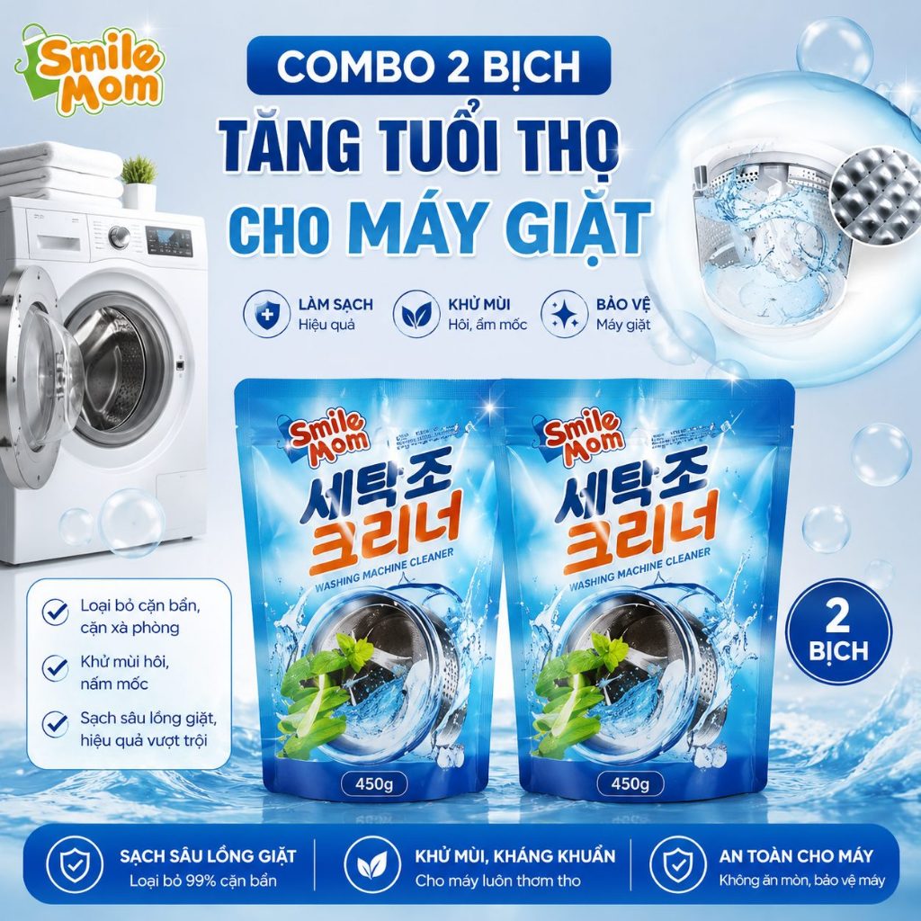 Combo 2 Bịch Bột Tẩy Lồng Máy Giặt Smile Mon, Bột Tẩy Lồng Máy Giặt, Bột Tẩy Máy Giặt, Bột Vệ Sinh Máy Giặt