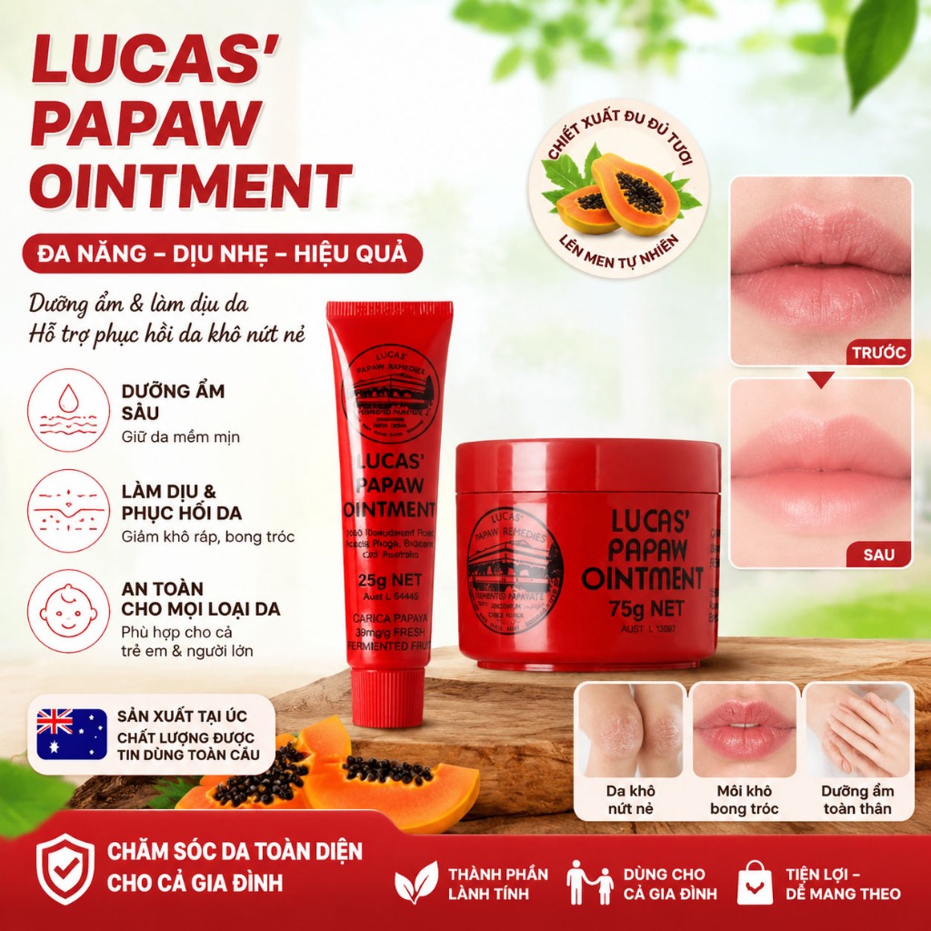 Lucas Papaw 25g/75g, kem đu đủ đa năng, dưỡng môi, làm dịu da, giảm côn trùng cắn, dùng cho bé