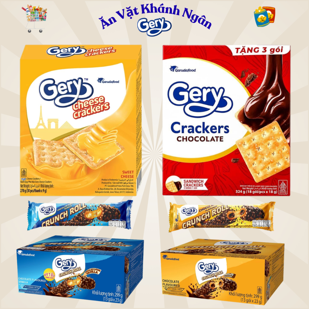 Bánh Quy Phô Mai Gery Cheese Crackers và Bánh Cuộn Gery Crunch Roll Phủ Socola - HÀNG CHÍNH HÃNG