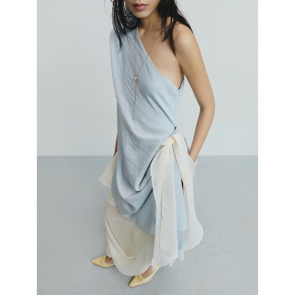 ÁO LỆCH VAI /ou'ba:d/ Linen dáng dài xếp rũ màu Xanh size S M