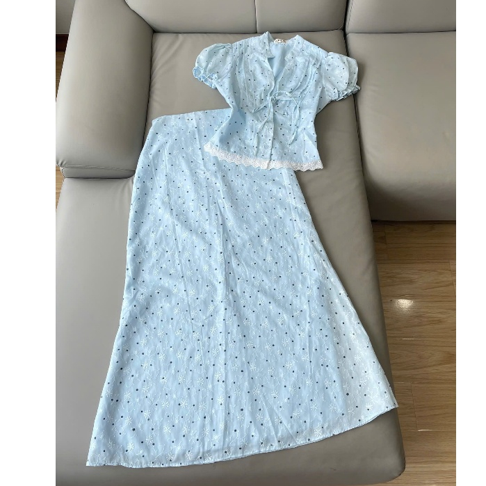 Set TK xô thêu hoa chấm bi A42 áo tay ngắn và chân váy đuôi cá dài (Freesize eo <73cm) - MITRUC | BigBuy360 - bigbuy360.vn