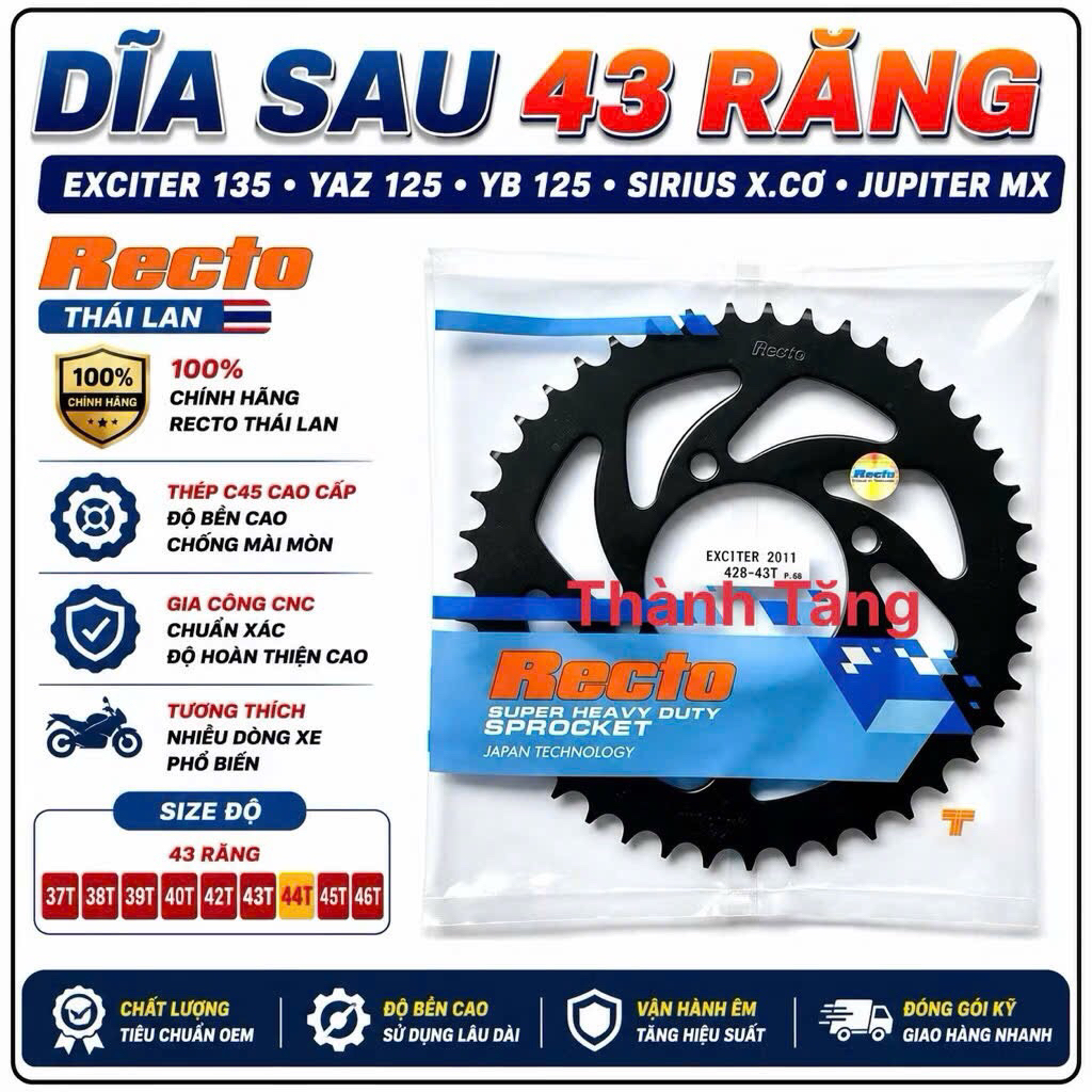 Dĩa sau 43 răng exciter 135,yaz 125,yb 125,sirius x.cơ,jupiter mx,exciter 2011-2012-2013,exciter 201